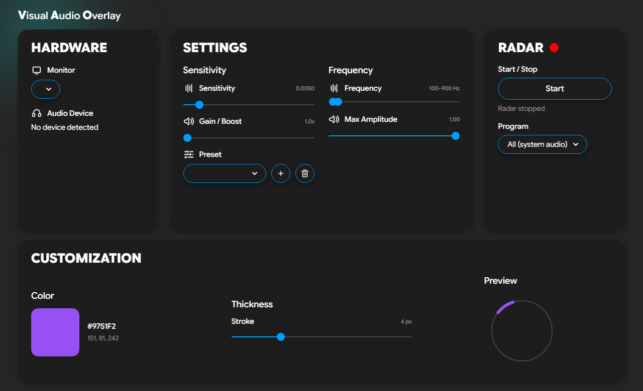 The Visual Audio Overlay control panel, showing hardware, sensitivity and radar customization with a live radar preview.